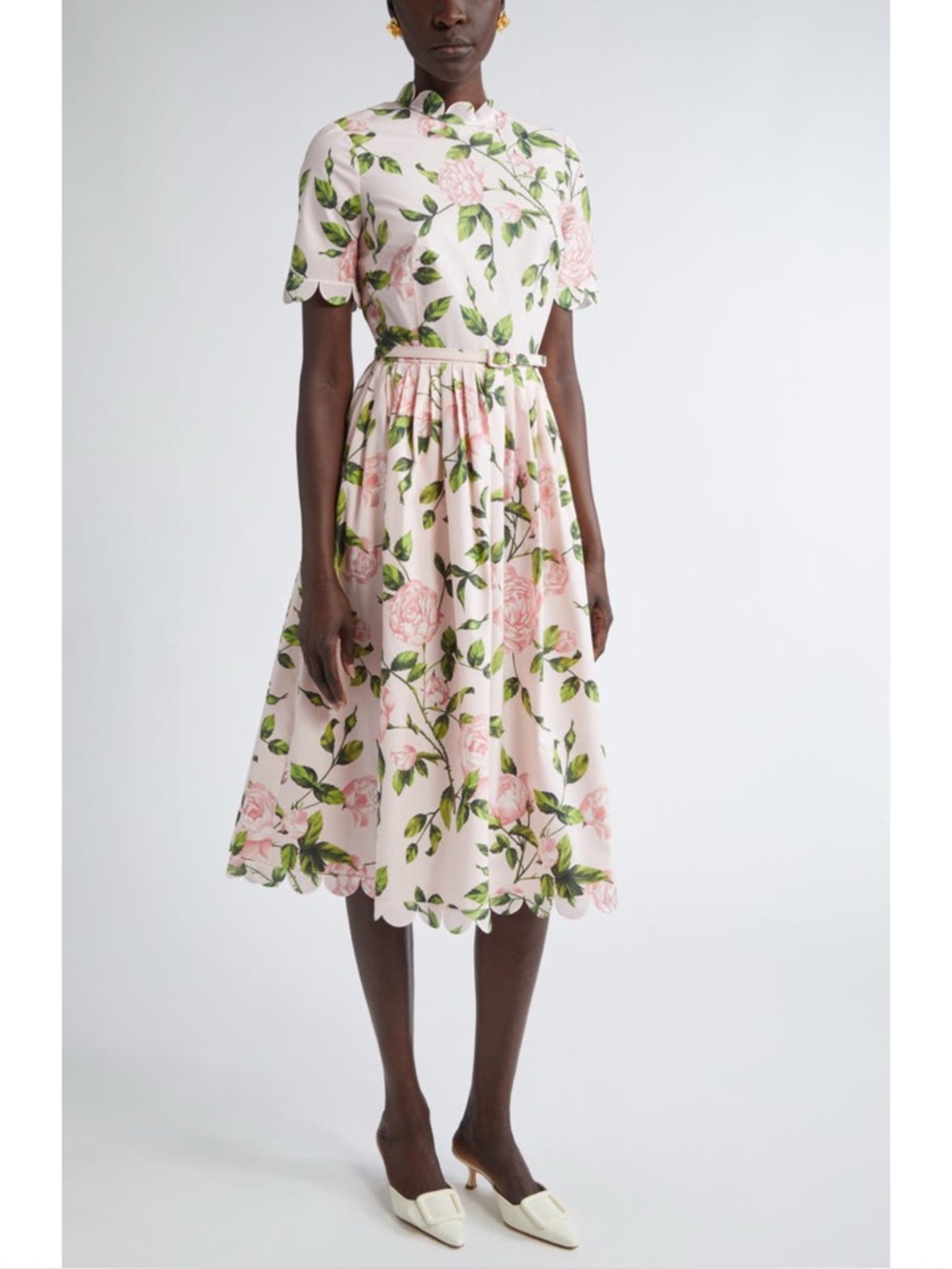 Oscar de la Renta English Rose Print Stretch Cotton Belted Dress Pink 8 NWT